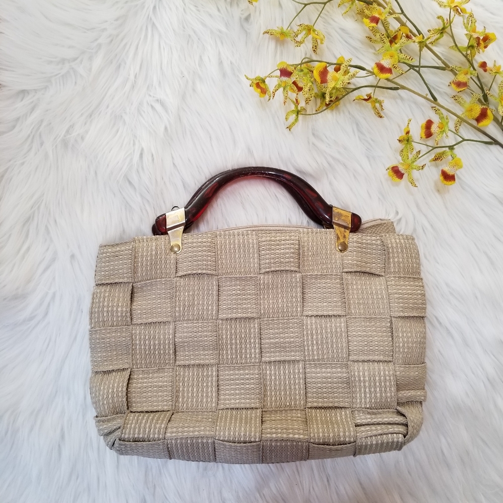 Cream Color Tote Bag With Brown Handles.